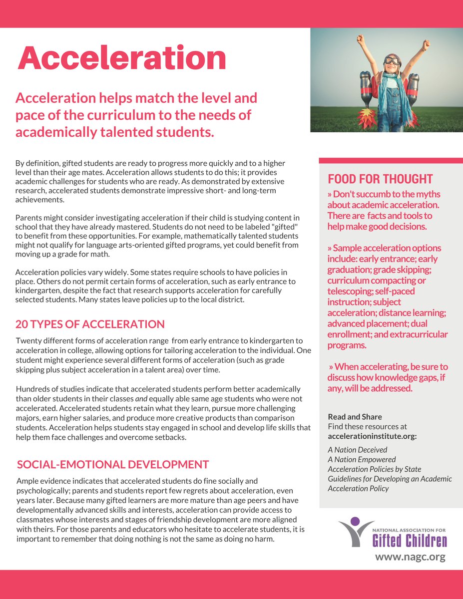 AnnShoplik's tweet photo. Need a short introduction to academic acceleration? Thx to @drkerig for co-authoring this @NAGCGIFTED Tip Sheet with me! https://t.co/YzUgG7PE0S @belinblank #nationempowered https://t.co/ukQvZAqawA