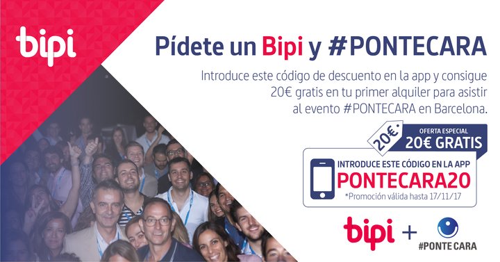 bipi_Es's tweet photo. ¡Pídete un Bipi y @PonteCara! Introduce el código "PONTECARA20" y consigue 20€ en tu primer alquiler para asistir al evento #PonteCara el 16 de noviembre en Barcelona #GetAppAndDrive🚗 https://t.co/jjWX1Cgci4
