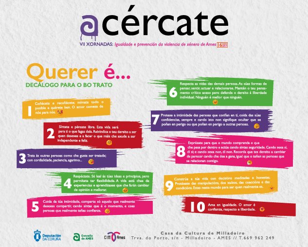 amesacercate's tweet image. Que é querer para vos? Aquí deixámosvos os 10 tips Con algunhas ideas!! Decálogo para o bo trato! Esperámoste no @ConcelloAmes o 16 de Novembro do 2017. Podes inscribirte na web: acercateaigualdade.com #acercateaigualdade #amesacercate
