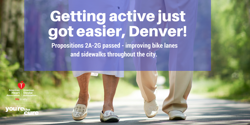ahacolorado's tweet photo. We are proud to share that propositions 2A-2G passed! Getting active just got easier here in our city of Denver. #yourethecureCO https://t.co/gGGfop37pR