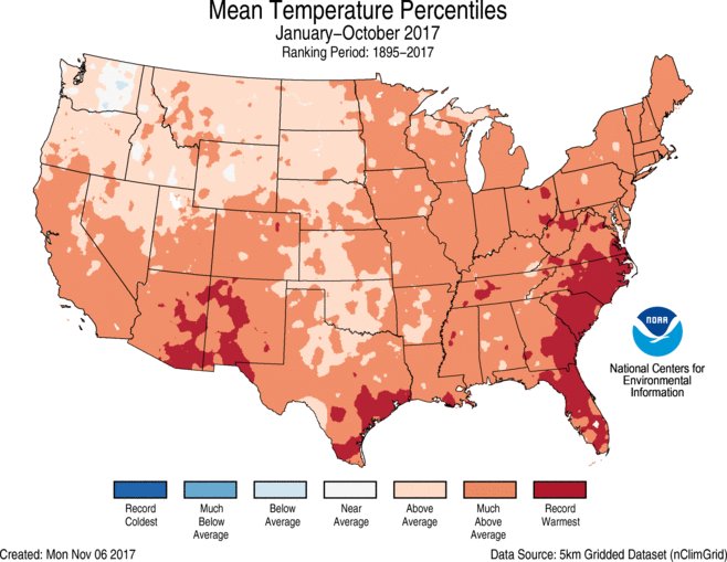 NOAA's tweet photo. JUST IN: Contig. USA had its 3rd warmest January to October (YTD) on record per @NOAANCEIclimate https://t.co/zrO6xdeMlz #StateOfClimate https://t.co/WLbS4XSQKc