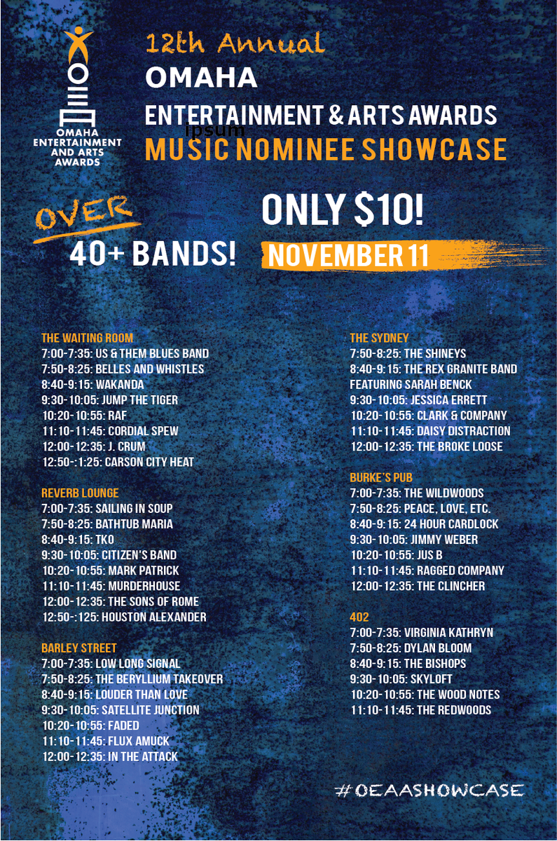 oeaawards's tweet photo. This Saturday catch 40+ award-nominated bands at @Waiting_Room, @reverb_lounge,  @barleystreet, @thesydneybenson, @402arts &amp; @BurkesPub for just $10 all venues! https://t.co/kkG5djRGsA