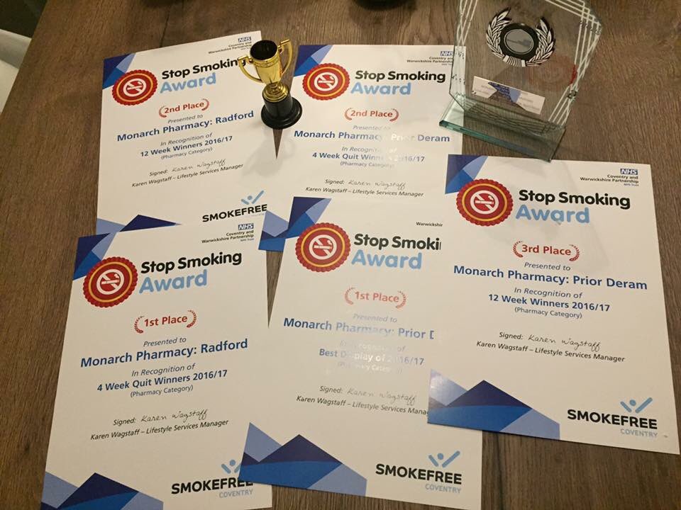 leanne_beverley's tweet photo. Well done team Monarch! #stopsmoking awards out of 59 #coventry pharmacies #7yearsatthetop #toughyear #1styearin3rdthough @CWPT_Healthyme https://t.co/qZyzII2wwB