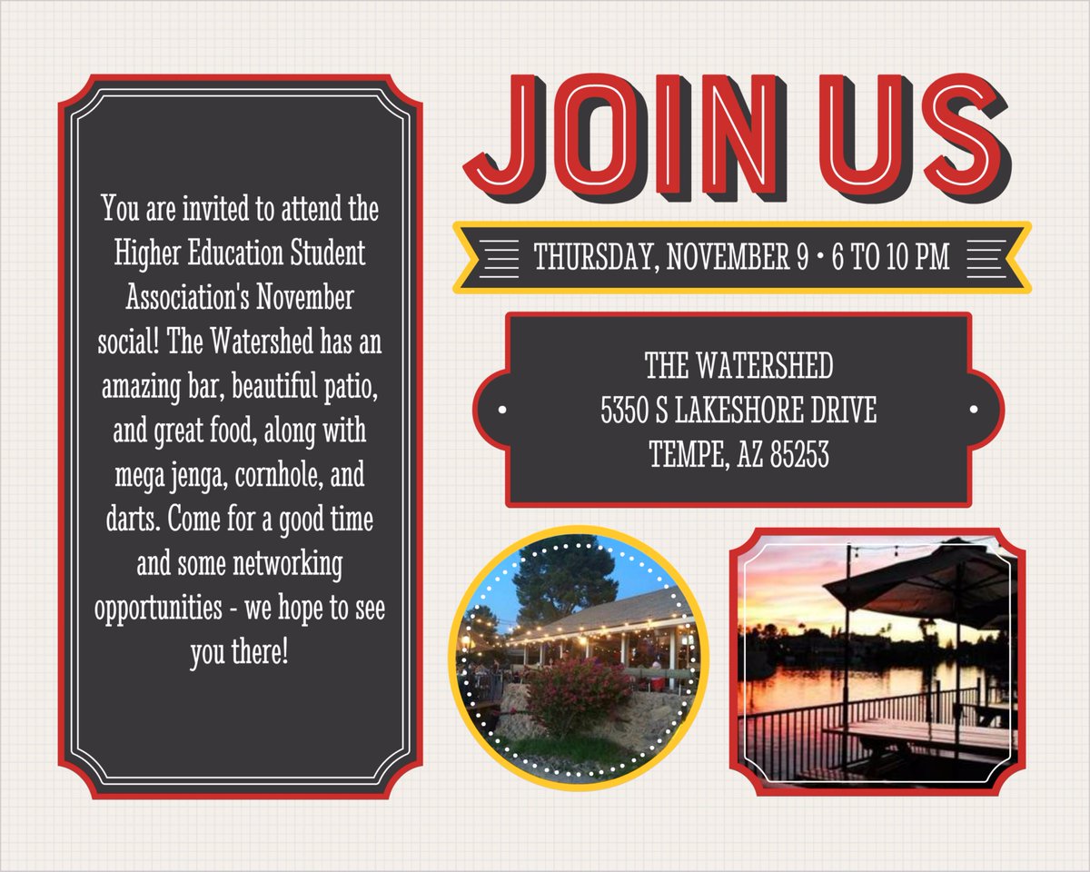 HESAasu's tweet image. Don't forget about the HESA social happening tomorrow night at The Watershed from 6-10 PM. We hope to see you there!