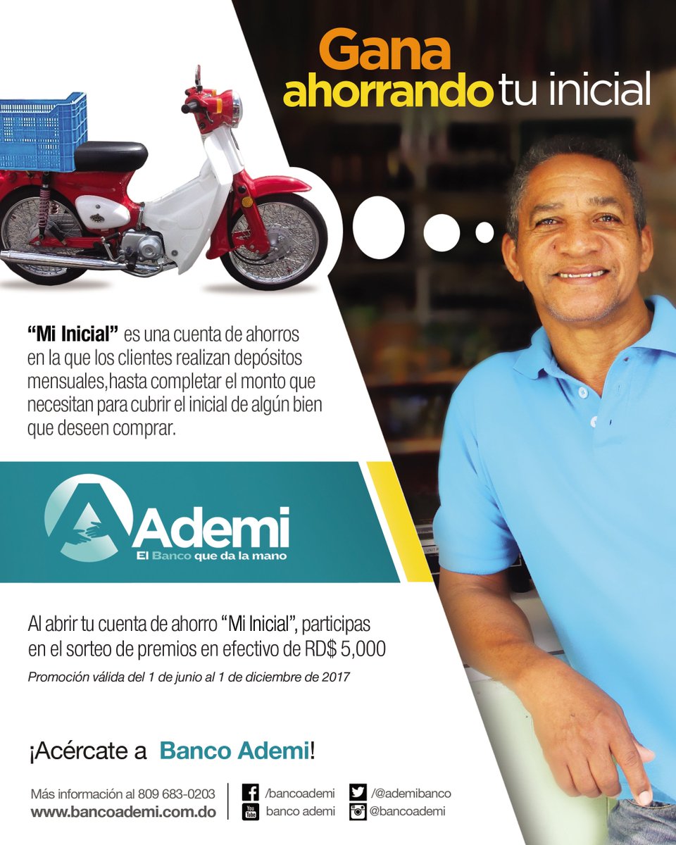 BancoAdemi's tweet photo. Acércate a #BancoAdemi y abre tu cuenta de ahorro #MiInicial, y asi participas para ganar premios en efectivo de RD$5,000. ¿Qué esperas? #RD https://t.co/pTdV8Z3uQP