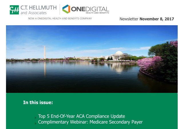 CtHellmuth's tweet photo. We've got ACA compliance updates! Are you caught up? No worries, we've got you covered. Check out our latest newsletter, including a complimentary webinar! #cthellmuth #onedigital
https://t.co/fFxOscCjKM https://t.co/g0tC8vCCzH