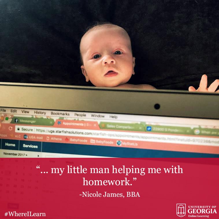 UGA_Online's tweet photo. Nicole James, @UGAOnlineBBA student, studies at home with her baby! #WhereILearn #UGA #DistanceLearningWeek #DistanceLearning https://t.co/qWYBzLw9Uh