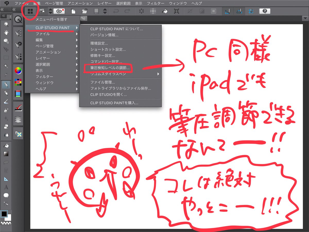 O Xrhsths 竹野カエ Sto Twitter Ipad版クリスタめっちゃ描き易いやないかー Pc版とほぼ同じやから取っ付き易いし最高コレ最高 ありがとうございますセルシス様 まず触り易いように色々弄り中ー 筆圧調節まだの方はまずここ弄ると描き心地さらに良く