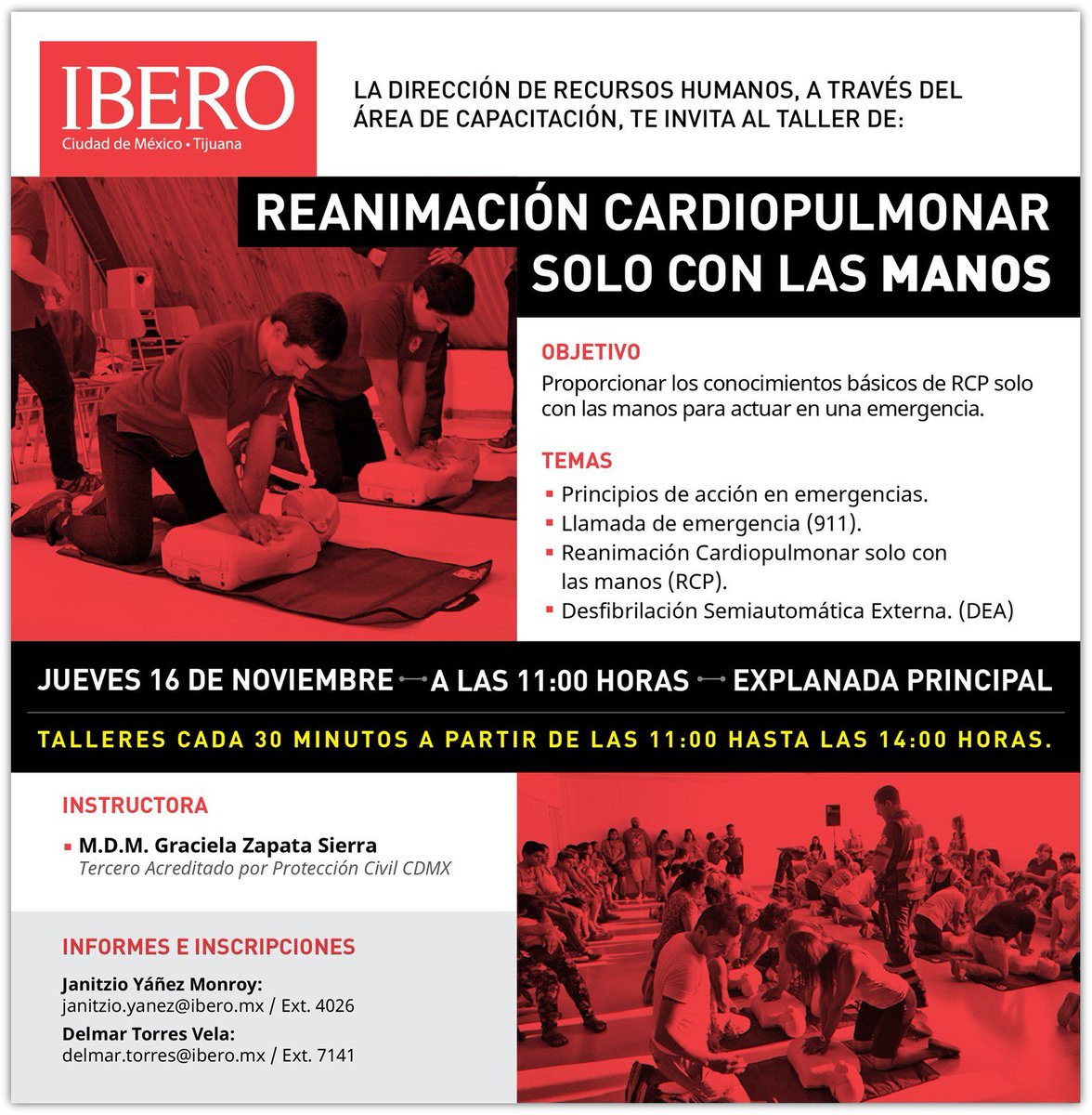 IBERO_mx's tweet photo. La #IBERO te invita el jueves 16 de noviembre al Taller de #ReanimaciónCardioPulmonar sólo con las manos, para actuar en una emergencia. ¡Súmate! ❤ https://t.co/veagnvA7J5