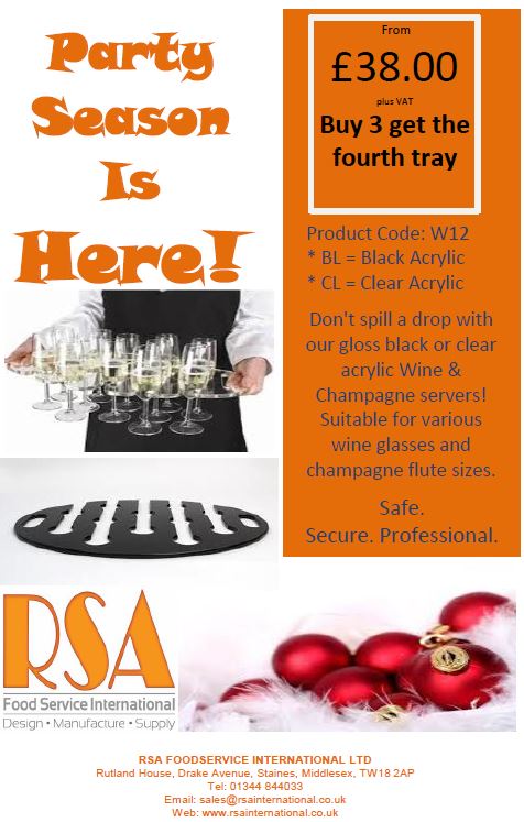 RSA_FoodService's tweet photo. WE HAVE A DEAL COMING UP ... With Christmas upon us, we have the perfect acrylic display ware to help with the party season! Our wine/champagne servers come in clear/black gloss acrylic and can fit a variety of different sized glasses! Call the office today for more info! #XMAS https://t.co/Yzpk9Mxn5T
