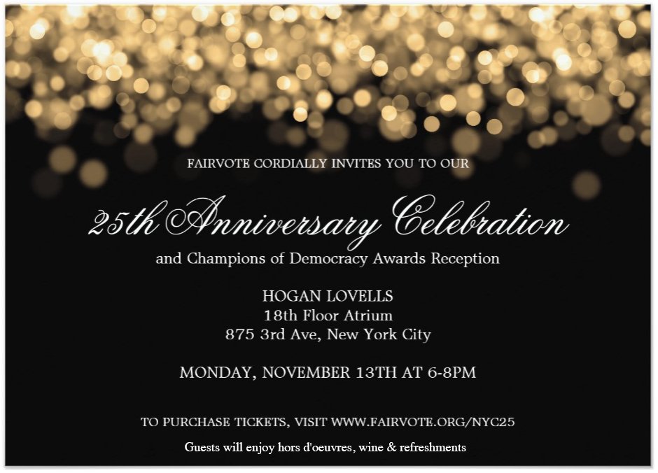 fairvote's tweet photo. Join us in NYC for our 25th Anniversary &amp; Champions of Democracy Awards Reception on Monday, Nov 13th @ 6PM ET! Purchase your tickets here: https://t.co/PXSCdDrQ6F #RankedChoiceVoting https://t.co/T85StbV7fi