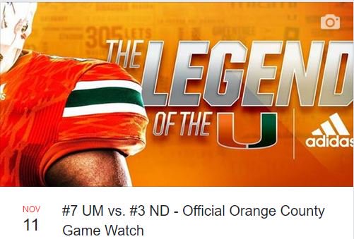 DMoysychyn's tweet photo. JOIN @LosAngelesCanes Official Orange County game watch party for @MiamiHurricanes vs @NDFootball Nov 11 at 5P PST @17thstreetgrill. #ItsAllAboutTheU #CanesGameWatch #BeatND #MIAvsND Plz RT https://t.co/r9I0KGB728