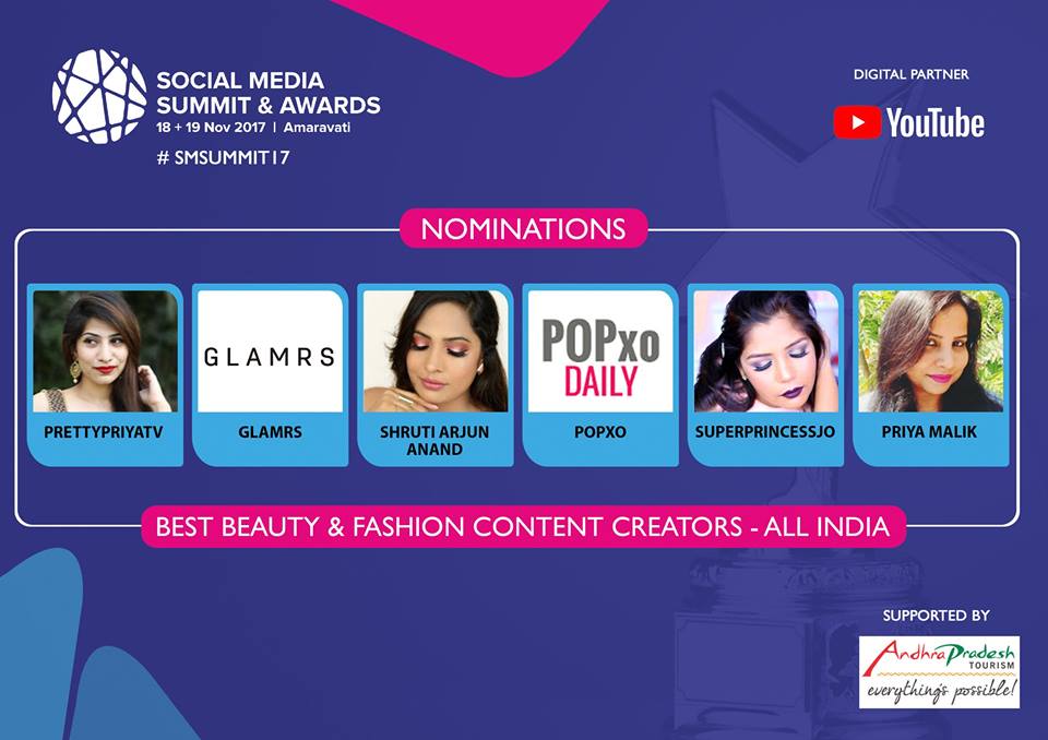 smsummit_awards's tweet photo. #smsummit17 Nominations for Best Beauty &amp; Fashion Content Creators - ALL INDIA are: @PrettyPriyaTV , @POPxoDaily , @Superprincessjo , @PriyaSometimes , @BeGlamrs and @Shruti_ILIM 
Congratulations! https://t.co/6InZXNyGTo