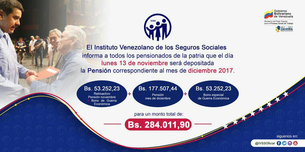 ivssoficial's tweet photo. Cumpliendo con nuestro pueblo🇻🇪 el lunes #13Nov será depositada la pension #IVSS ¡Corre la Voz! #ConTuTarjeta💳 no tienes que ir al banco 👵👴 https://t.co/JN9g6kXOc3
