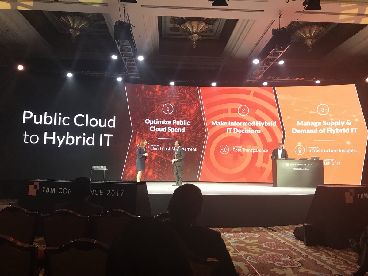 Apptio's tweet photo. CEO @sguptaapptio talks with @Aon_plc about using Apptio to optimize public cloud spend and make informed hybrid IT decisions #TBMC17 https://t.co/QTDIcfrE9S