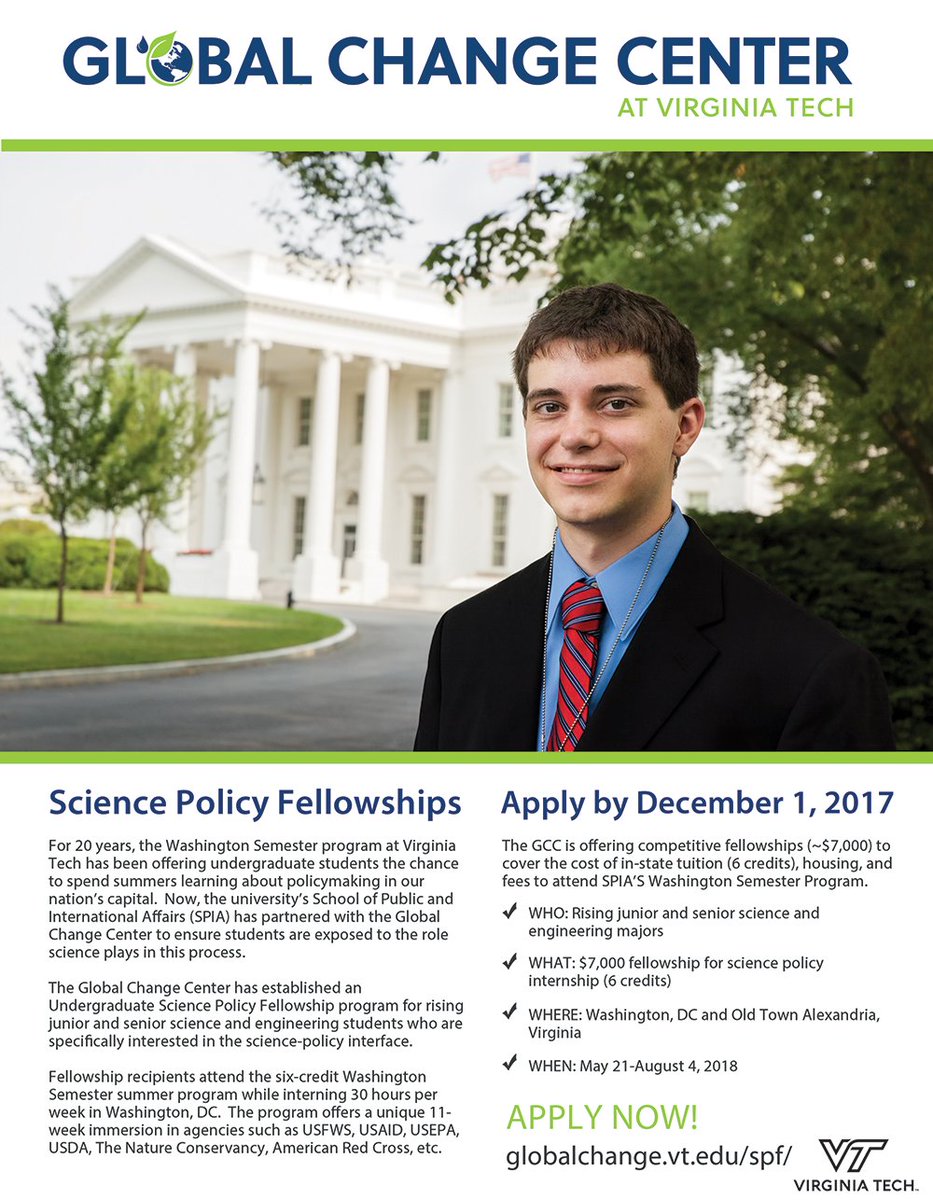 Now accepting applications for an undergraduate Science Policy Fellowship to work in the National Capitol region! Apply by Dec 1, 2017 <a href="/virginia_tech/">Virginia Tech</a> globalchange.vt.edu/spf/