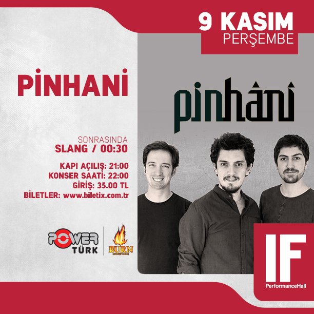Bu iletiyi RT’leyenler arasından 5 takipçimiz yarın akşamki "PİNHANİ" Konserine çift kişilik ücretsiz giriş kazanacaklar...