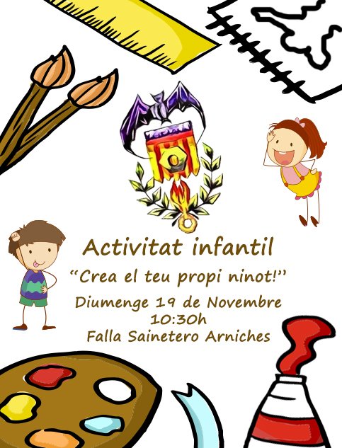 AgrupOlivereta's tweet photo. JORNADA INFANTIL
El dia 19 de novembre al casal de Falla Saineter #Arniches tindrem un matí en el que realitzem tallers per als més menuts. 
El cost per xiquet és de 3€, si voleu apuntar-vos pregunteu a les vostres comissions.
#juntsmolemmés https://t.co/rECEB3c6qX