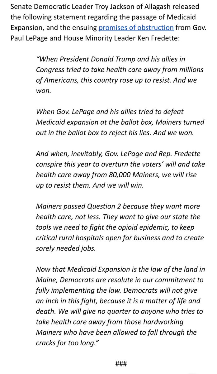 mainesenatedems's tweet photo. We’re not going to let @Governor_LePage, @RepFredette or anyone else take health care away from 80,000 Mainers. 

See statement below from Senate Democratic Leader Troy Jackson.  #mepolitics https://t.co/gxhXxgR3MD