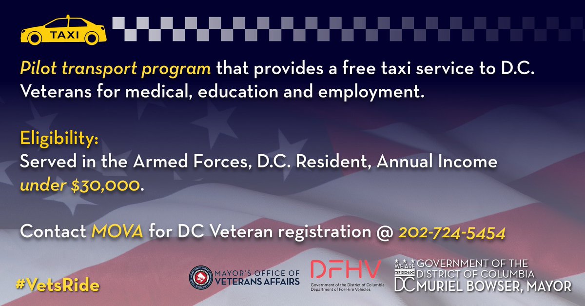 Know a #Veteran who needs a lift to the doc, classes or work in #DC? Check out the new #VetsRide pilot program from @dc_ova @MayorBowser