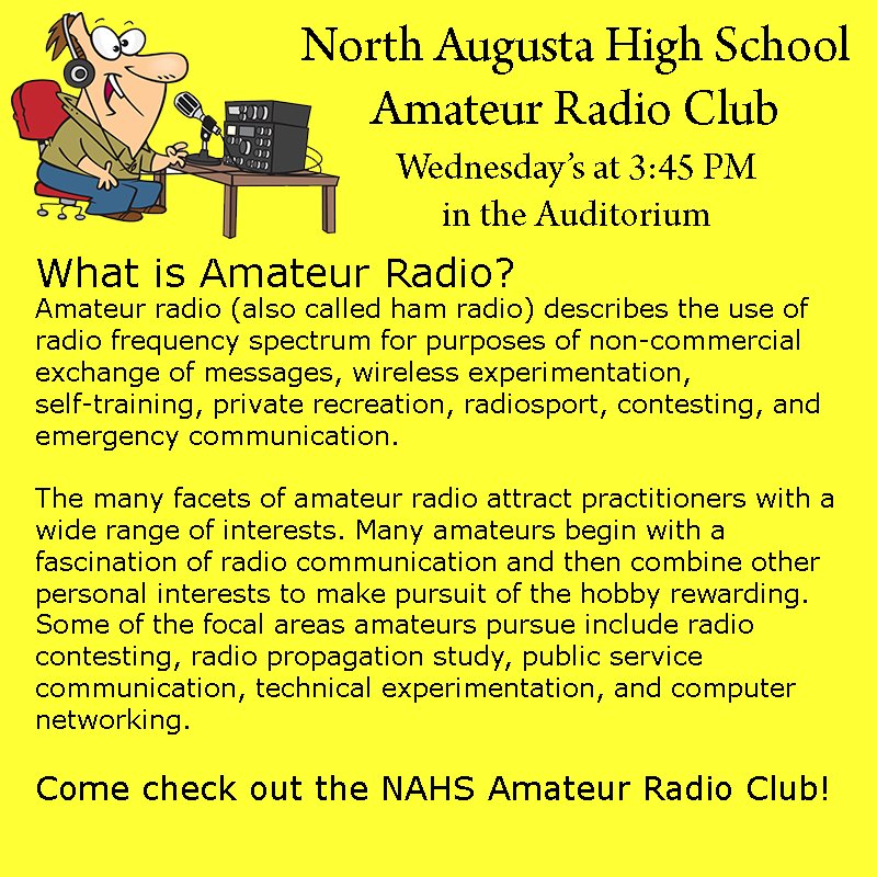 NABRC is proud to sponsor the <a href="/NorthAugustaHS/">North Augusta HS</a> Amateur Radio Club! Meeting today at 3:45 PM in the Auditorium.