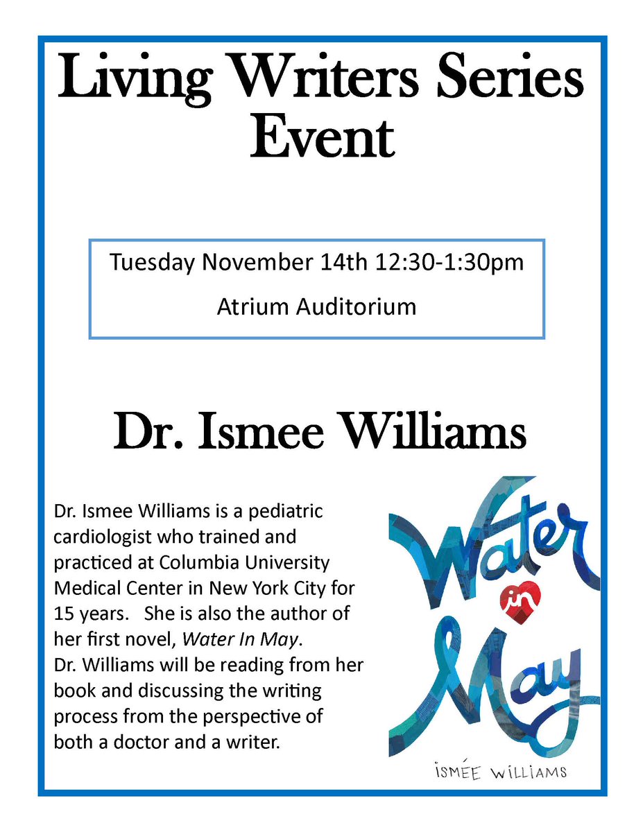 WPCAHSS's tweet photo. Writing: where does one begin? Dr. Ismee Williams, pediatric cardiologist discusses her experience publishing a novel, as both doctor and author next Tuesday as part of the #WPENG Living Writers Series. #WPCOHSS #WPUNJ https://t.co/JfQRasdVwc