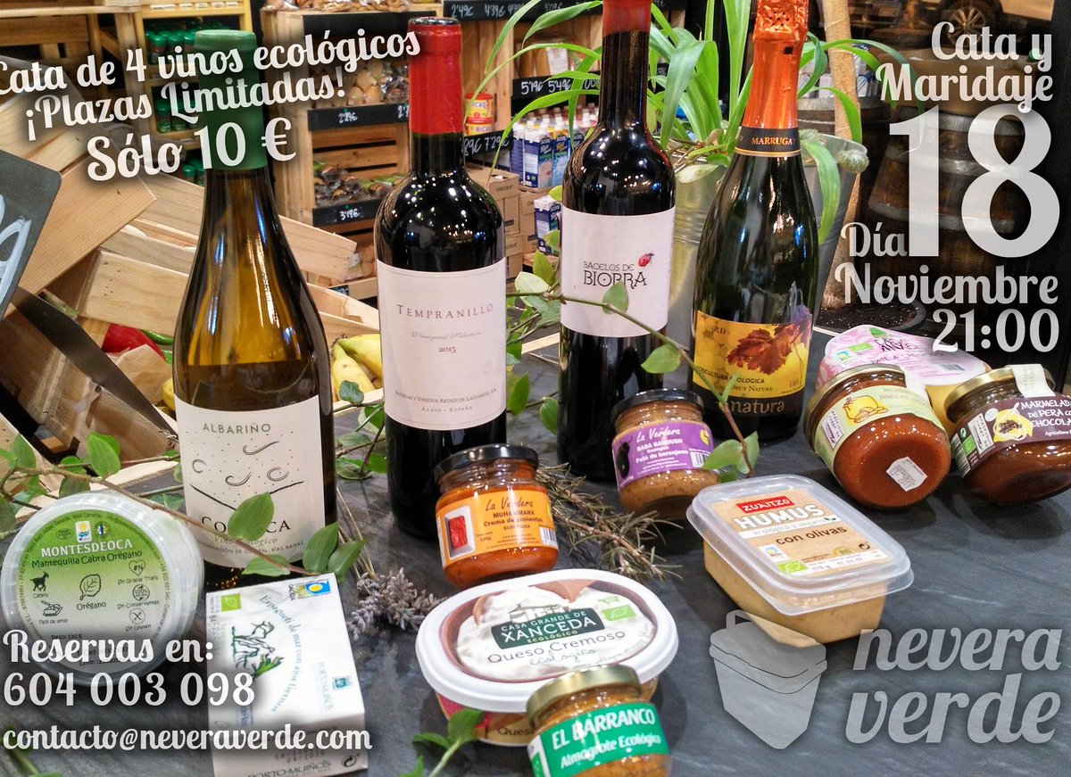 Neveraverde's tweet photo. Cata y maridaje de vinos #ecológicos enNeveraVerde
El día 18 de Noviembre a las 21:00, reserva ya a traves del FB, en contacto@neveraverde.com o en el 604003098. 
¡¡Cuatro vinos acompañados de delicias eco, por solo 10€!! https://t.co/mkKNf5c1FT