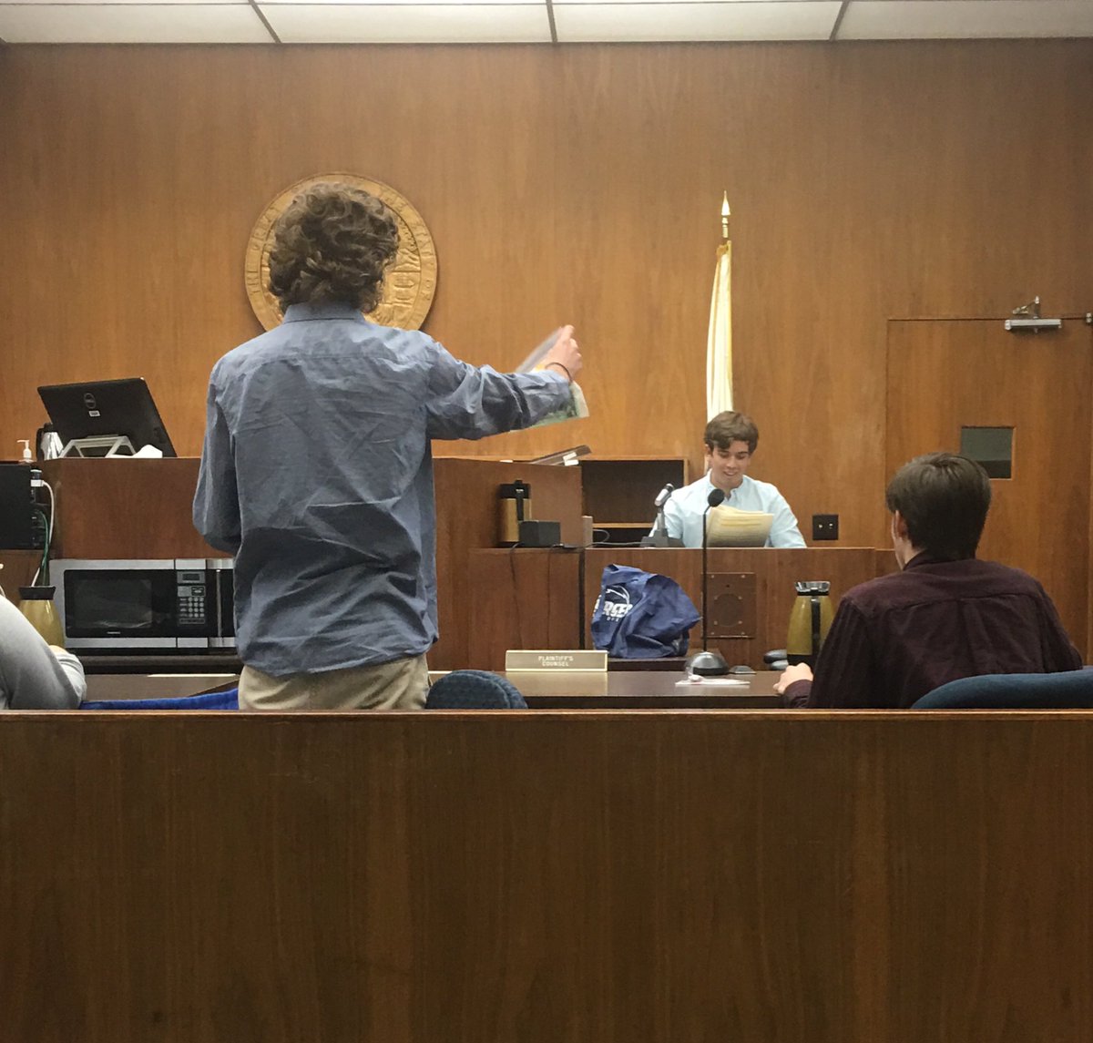 johnstone_karly's tweet photo. Prosecutor examining the witness, SD Superior Court mock trial. #IDEACenterHS https://t.co/5M2aAu2zYL