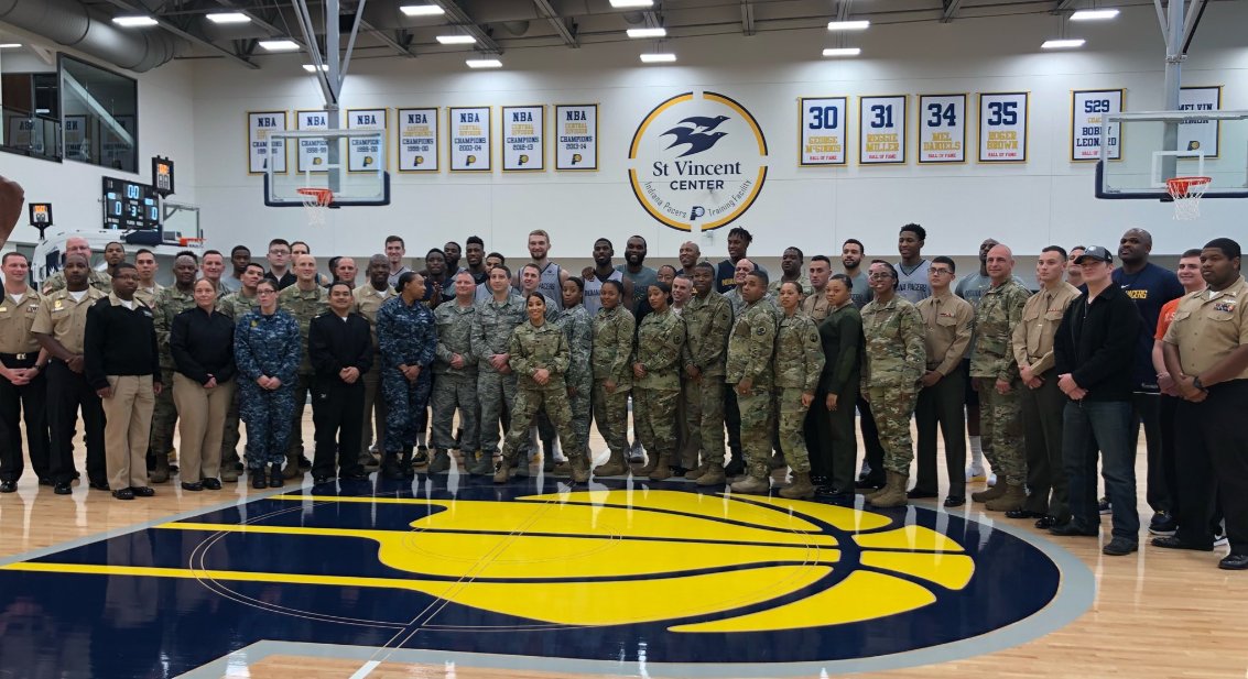 NBA's tweet photo. The @Pacers partnered with @USOofIndiana to host 50 military men &amp; women for lunch &amp; practice: https://t.co/4gfVpDHYnc #HoopsForTroops https://t.co/7kMMf5Mg4d