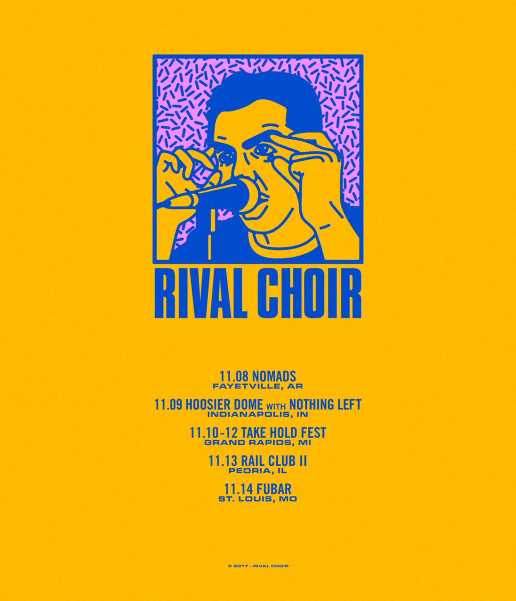 Tour today w/ <a href="/rivalchoir/">RIVAL CHOIR</a> 
Let’s hang friends. 

11.8 Fayetteville, AR @ Nomads w/ <a href="/nothinglefthc/">Nothing Left</a> 
11.9 Indianapolis, IN @ Hosier Dome w/ <a href="/nothinglefthc/">Nothing Left</a> 
11.10-12 Grand Rapids, MI @ Take Hold Fest 
11.13 Peoria, IL @ Rail Club II
11.14 St. Louis, MO @ FUBAR