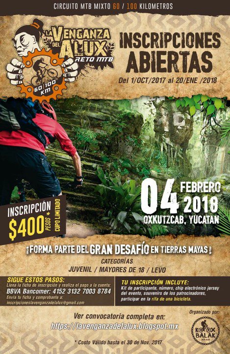 koox_balak's tweet photo. Se parte del gran desafío #retoMTB #lavenganzadelalux2018 🚴 60 y 100 Kms. Oxkutzkab 4 de febrero de 2018 #koo'xbalak https://t.co/j7dd73JU0F