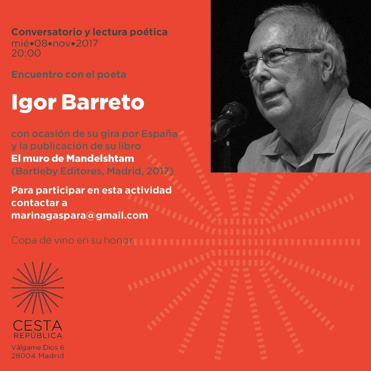 Hoy en Madrid, encuentro con el poeta <a href="/igorbarretosano/">Igor Barreto S.</a> en <a href="/CestaRepublica/">CestaRepublica</a>