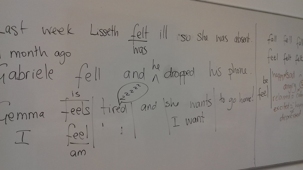 #ELTwhiteboard from #A1 #elementary class. Phone died so I couldn't take any more pics 😑  

IT Ss often confuse fall-fell /feel- felt. All #emergentlanguage as I called the register 💪

This board ⬇ is massive 💚