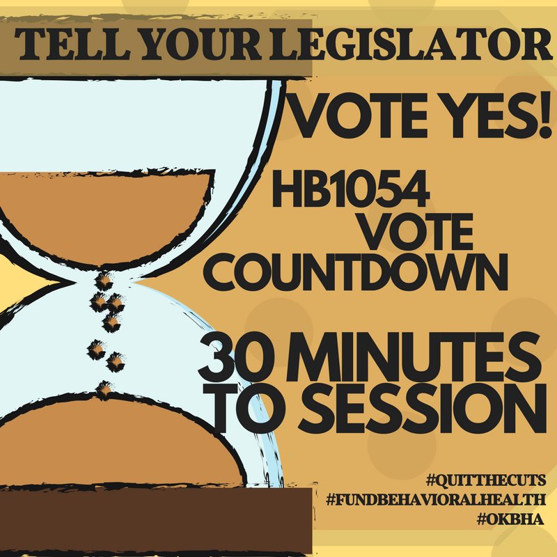 OK_BHA's tweet photo. The time is NOW - Tell your Legislature to vote YES on HB1054! House meets at 1:30PM #okbha #saveourservices #okleg #quitthecuts #oklahoma #okc https://t.co/XHy0WWes2f