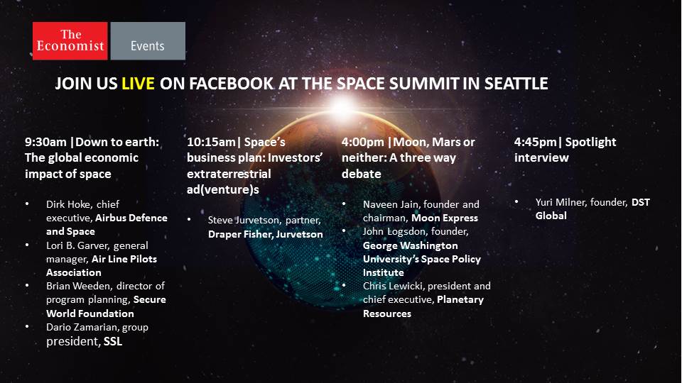 EconomistEvents's tweet photo. Join us LIVE on Facebook tomorrow at the #EconSpace Summit in Seattle: https://t.co/ABQkuROo9X @EconomistEvents https://t.co/lDf4OHJ0Pk