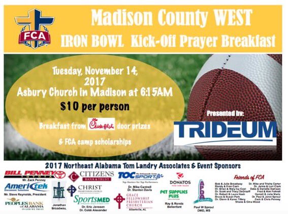 fca_james's tweet photo. Iron bowl prayer breakfast is November 14!!! https://t.co/7a5fjJwZcr