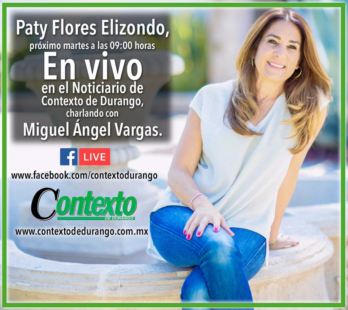 Vargasquinones's tweet photo. No te la puedes perder este martes en @contextodgo una conversación con @Paty_FloresE ¿Que le quieres preguntar? Hablaremos de Todo y de Todos https://t.co/AY6vFYLc1K