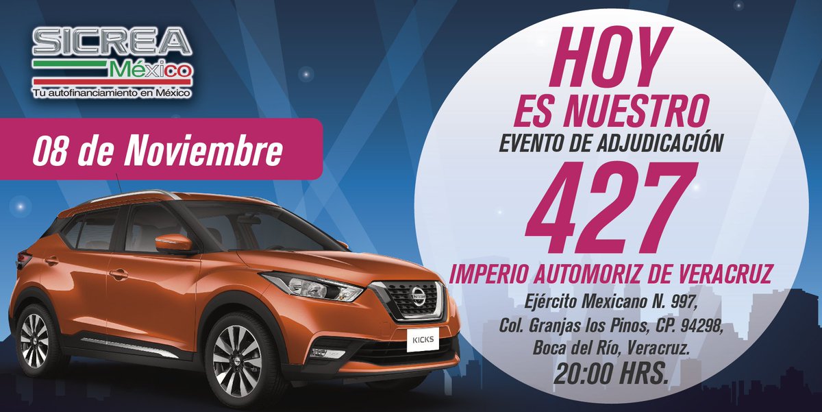 SicreaMx's tweet photo. Te esperamos HOY en nuestro evento de adjudicación #427 en Imperio Automotriz en #Veracruz. https://t.co/4l4ePQE85k