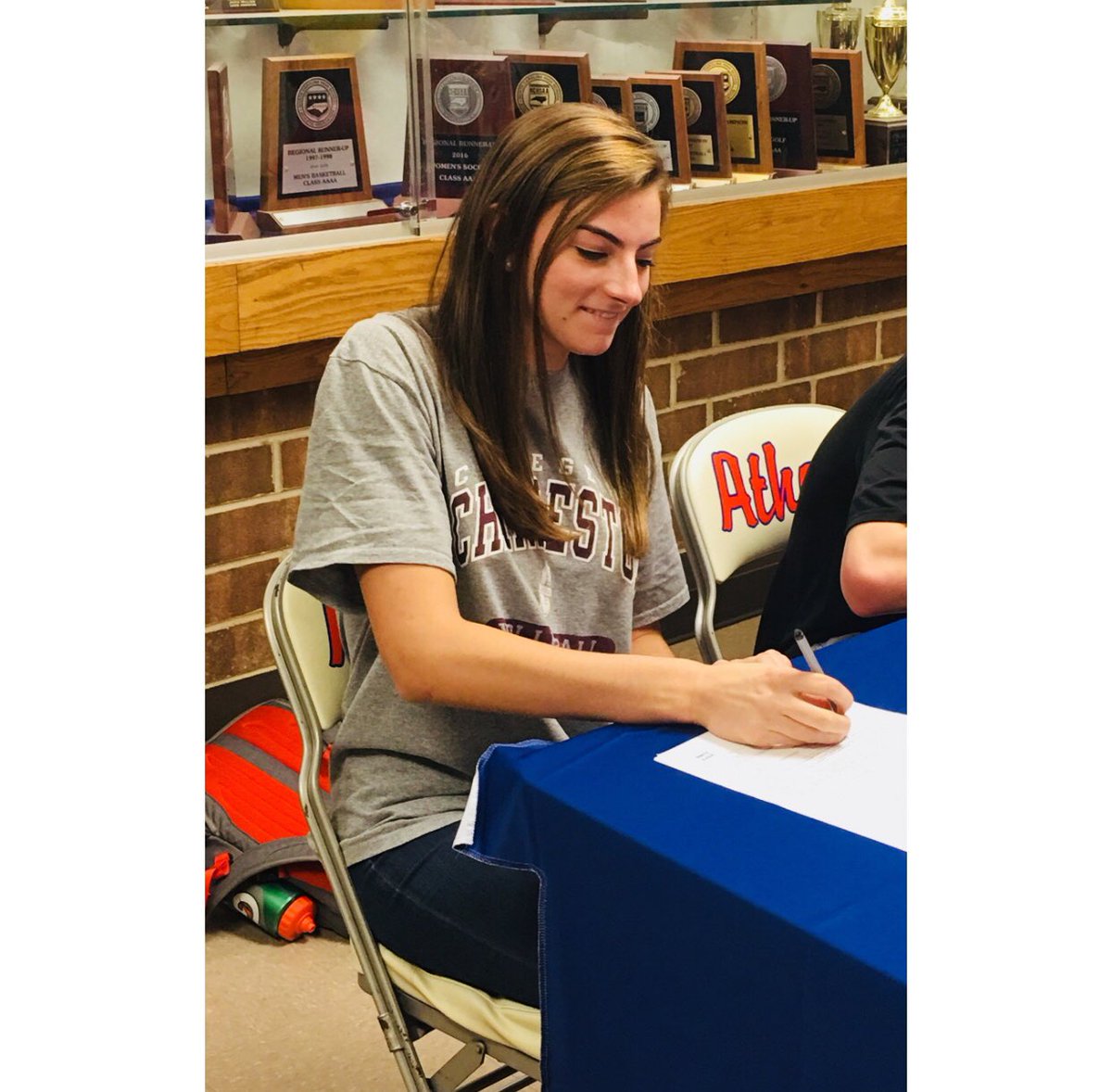 coachsmithadhs's tweet photo. HUGE congratulations to Claire Campbell, our Tri6 Conference Player of the Year, who signed with College of Charleston today! ❤️💛 We are so proud of you! https://t.co/txD7s9LMZ5