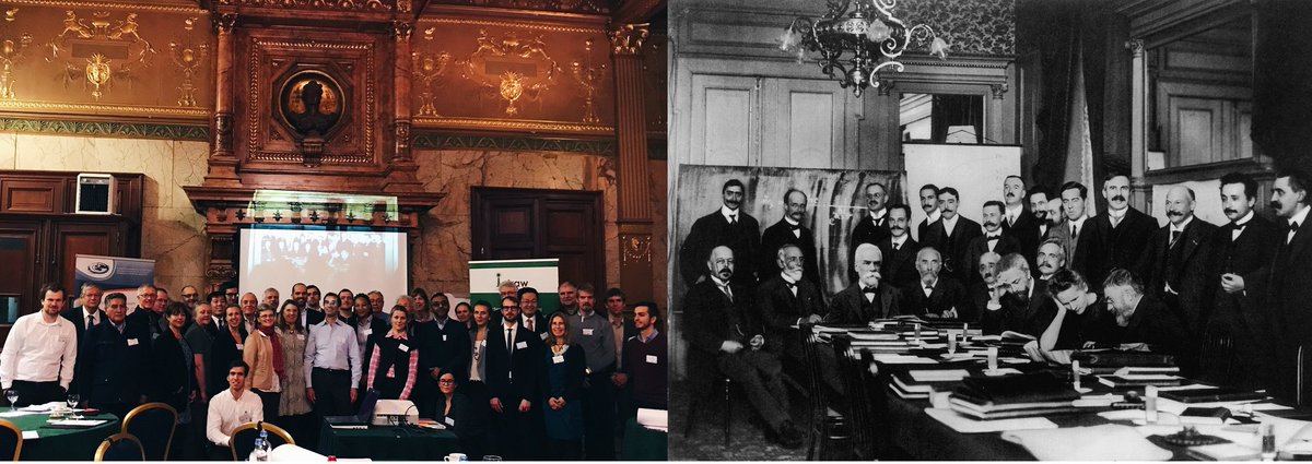 EU #H2020 @intrawproject participants during #RawMaterialsWeek (left) and prominent members of the 1911 Solvay Conference (right). Same room in Hotel Metropole, Brussels, over hundred years apart #science #researchimpactEU <a href="/EUScienceInnov/">EU Science & Innovation 🇪🇺</a> #minerals #RawMaterials
