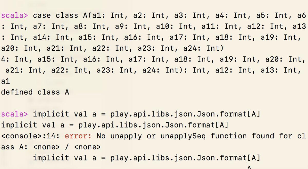 oripw's tweet photo. @EruJazz @scala_lang It's still not fully supported. case classes with > 22 arguments don't have unapply, and cannot integrate easily with e.g. Play-Json macros for automatic Json serialization. https://t.co/Ob0iJZk1WN
