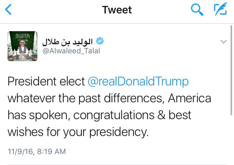 (65) Here's what the now arrested Alwaleed said to candidate Trump before and after the election: