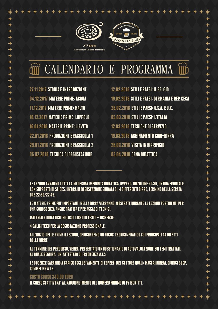 Sera! Il 27 novembre partirà la seconda edizione del corso sulla birra organizzato dalla nostra delegazione di Terni: tutte le info in foto👇