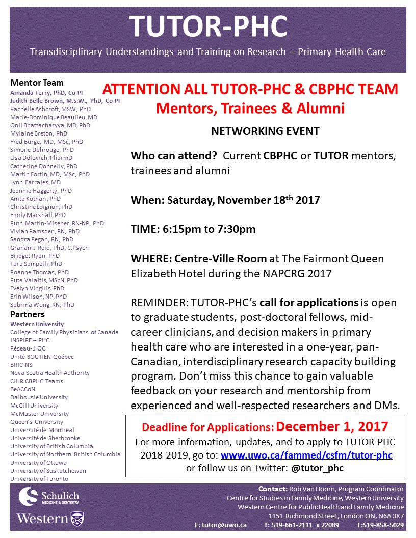 tutor_phc's tweet photo. Thanks to everyone who RSVP'd to the @NAPCRG @tutor_phc Networking Reception! Looking forward to seeing TUTOR alumni, mentors trainees &amp; @CIHR_IRSC CBPHC team trainees on Sat! @PACE_in_MM @transformphc @IMPACT_PHC @achru_mcmaster @CTCBWG_CIHR @GrantRussell17 @wwodchis #napcrg2017 https://t.co/S6uGHOKepE