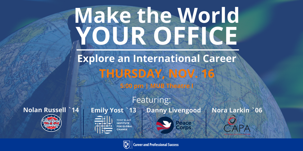 UNHCaPS's tweet photo. Next week during International Education Week, @UNHCOLACareers &amp; CaPS welcome @unhalums &amp; leaders from @capastudyabroad @oskarblues @InstituteGC and @PeaceCorps for an International Career Panel! @UNHAbroad https://t.co/LTH1xNTlA4