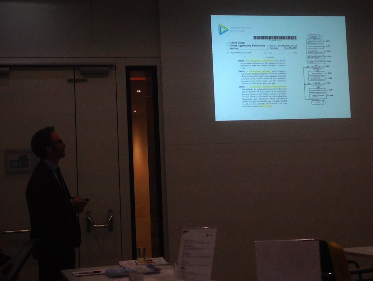 KarlGrn's tweet photo. At WG #Standards #Industry40 #Austria #Patentoffice presents role of #patents #IPR in #IoT #IIoT. Very surprising to see what can patented like #swarmmanagement but not business models https://t.co/tmDdNmHC6e