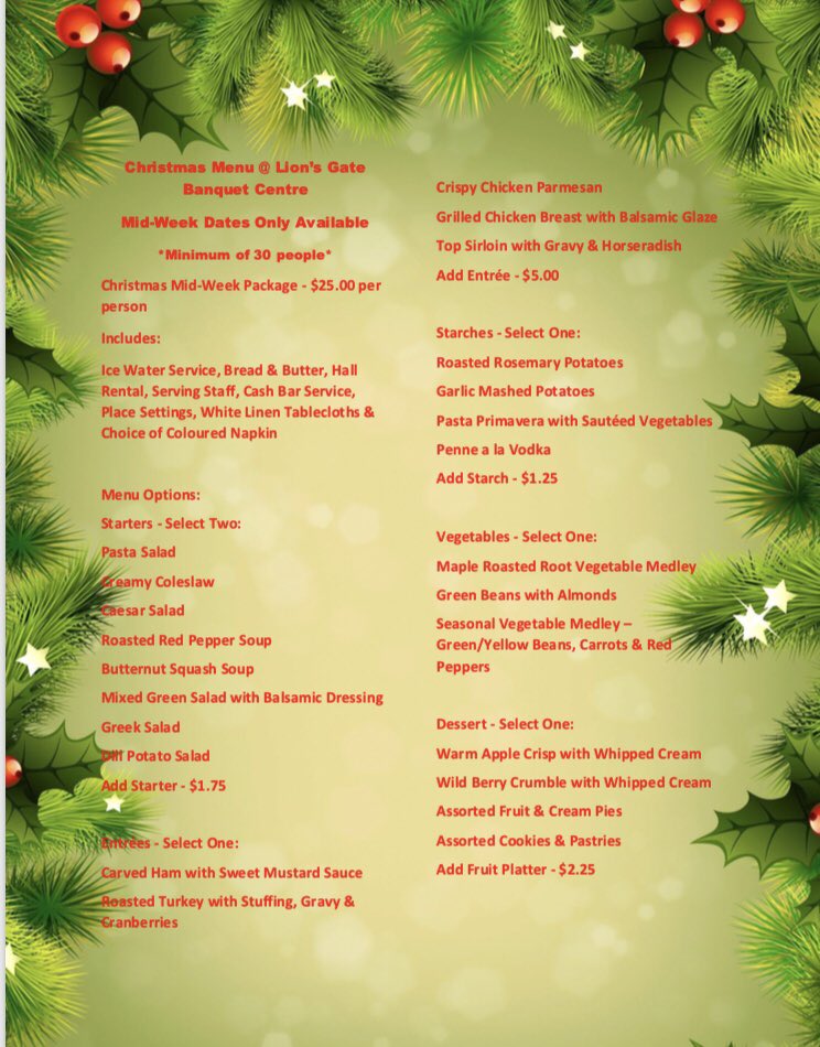 It’s almost that time of year again!! 🎄 Christmas Parties! Take a look at our Mid-week Christmas Menu &amp; Hall Rental Special!! ⛄️ #christmastime #christmasparty #staffchristmasparty #barrie #christmasseason #lionsgate #casalcatering #catering