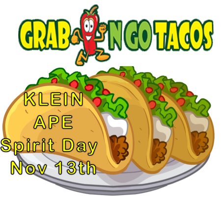 KleinHighAPE's tweet photo. Come out and support Klein APE on Monday, November 13th by having lunch or dinner at Grab and Go Tacos both dine in and carry out...conveniently located in the strip center off Louetta and Theiss Mail Rd. Please leave your receipt in the blue Klein APE at the front registers! https://t.co/11SovKwi8o