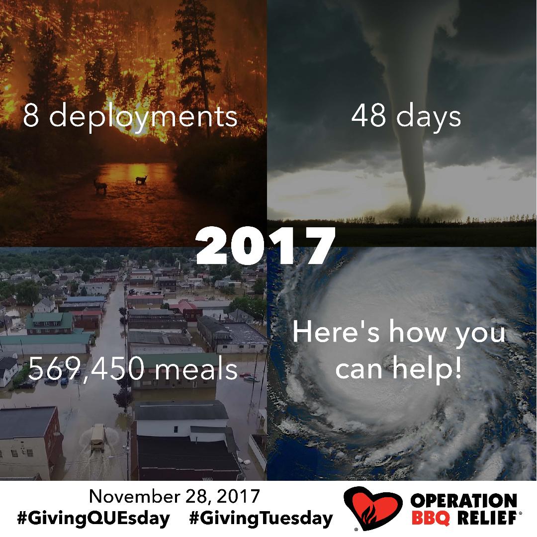 OpBBQRelief's tweet image. #givingtuesday is 11/28/17. We're proud to be a part of the global celebration of giving. #opbbqrelief volunteers worked harder than ever serving meals in 2017, reaching milestones we never dreamed we would hit. Remember OBR on #GivingQUEsday and help us do even more in 2018.