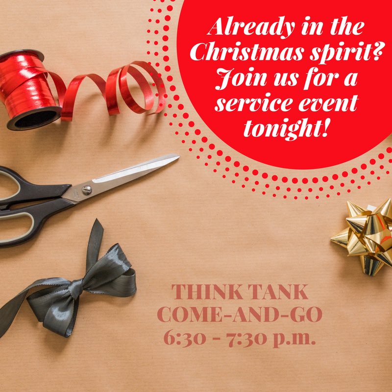 Stop by the Think Tank tonight (2nd floor of MCOM) between 6:30 and 7:30 and help us cut out gift tags for kids at The Children's Home! 🎄🎁